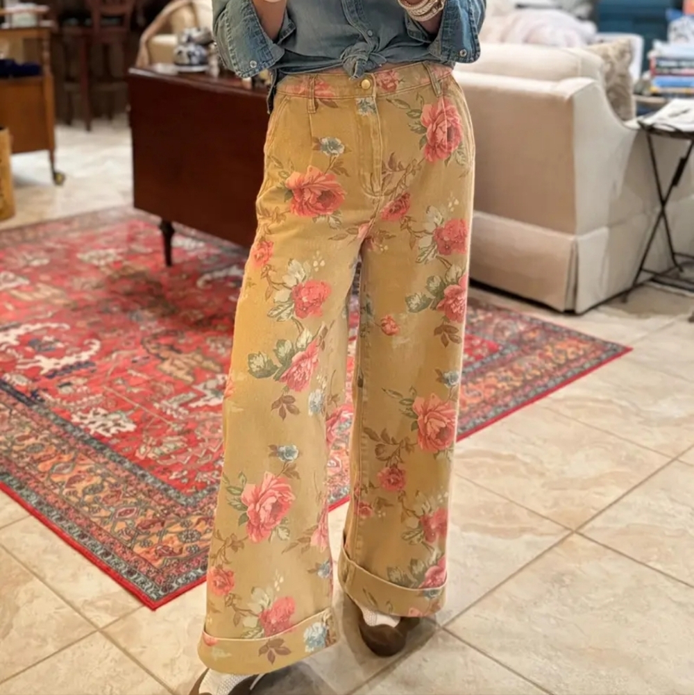 Khaki Floral Trendy Spring Pants SMALL